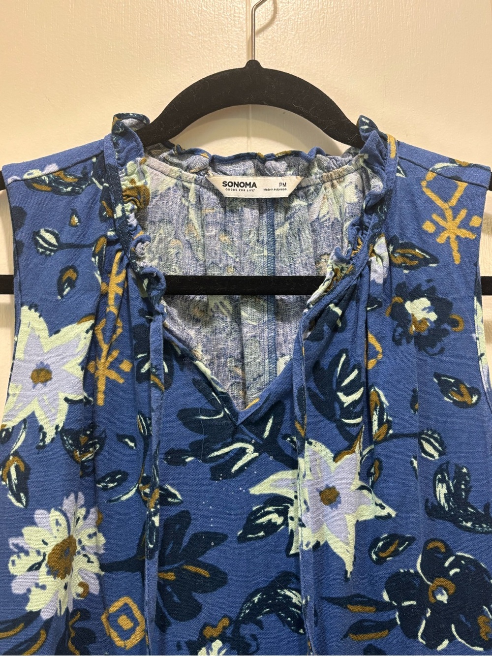 Sonoma Blue Floral Linen Blend Tiered Mini Dress Petite Medium PM - Picture 5 of 9